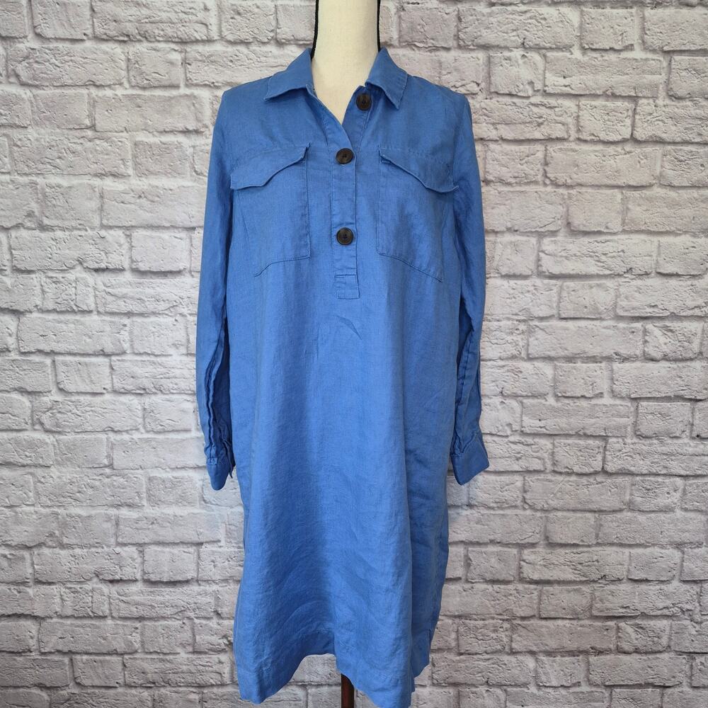 J Jill Blue Linen Popover Shirtdress Midi Shift Utility Pocket Long Sleeve Sz S - Picture 3 of 11